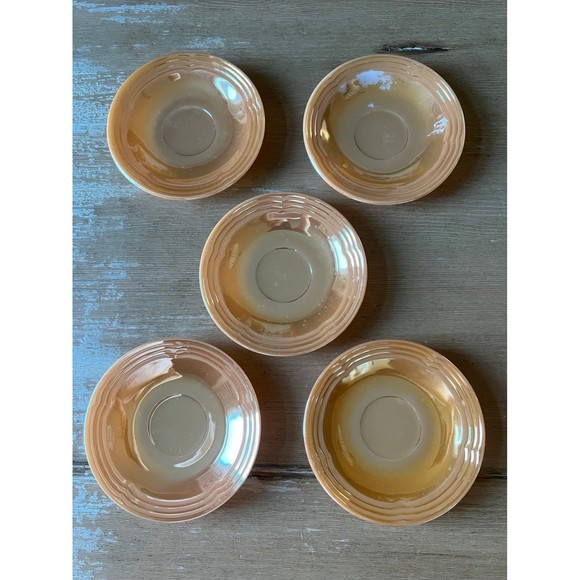 1950s Fire King Peach Luster Three Bands Kitchenware Set 6 Coffee Cups & Saucers - Picture 4 of 9